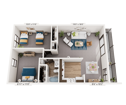 Floor plan for 2 beds, 1 bath, 1000 sqft